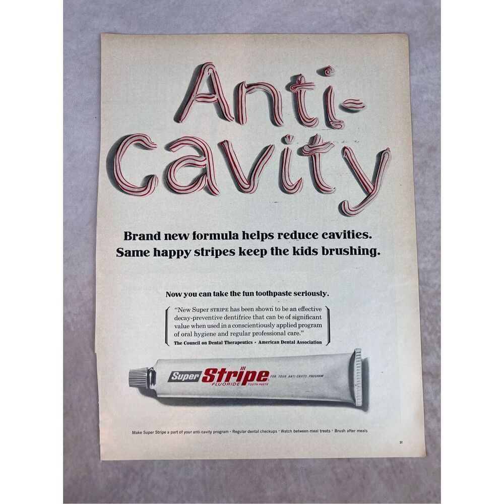 Vintage 1966 Anti-Cavity Super Stripe Toothpaste Vintage Print Ad Advertisement